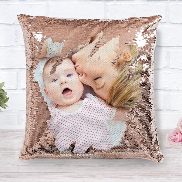 Sequin Pillow with Photo Personalized Photo Reversible Sequin Pillow Gift for Her Gift for Mom Custom Pillow Photo Home Decor 16x16 Pillow