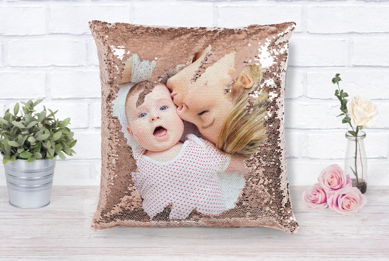 Sequin Pillow with Photo Personalized Photo Reversible Sequin Pillow Gift for Her Gift for Mom Custom Pillow Photo Home Decor 16x16 Pillow image 1