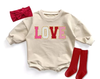 Baby Girl Love Glitter Preppy Valentine's Day Romper Outfit Baby's 1st Valentine Bubble Romper