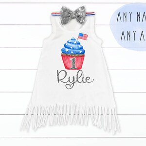 4th of July Birthday Outfit Patriotic 1st Birthday Outfit Red White Blue Baby Girl July 4th Outfit Patriotic Distressed Denim image 2