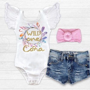 Wild One Birthday Girl Outfit 1st Birthday Shirt First Birthday Outfit Boho Birthday Leotard Feather Outfit Distressed Denim