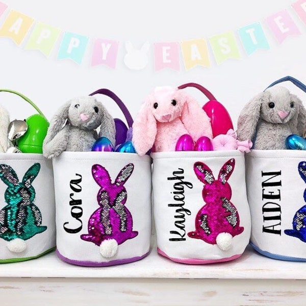 Personalized Easter Basket Girl Monogram Easter Basket Baby Boy Easter Basket Boy Sequin Bunny Basket Kid Easter Egg Hunt Basket