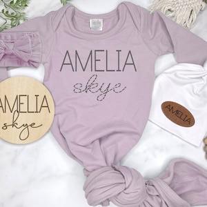 Bamboo Newborn Baby Girl Outfit, Baby Girl Personalized Knotted Gown, Newborn Outfit, Monogramed, Name Sign, Knotted Hat, Coming Home Outfit