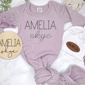 Bamboo Newborn Baby Girl Outfit, Baby Girl Personalized Knotted Gown, Newborn Outfit, Monogramed, Name Sign, Knotted Hat, Coming Home Outfit