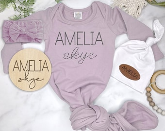 Bamboo Newborn Baby Girl Outfit, Baby Girl Personalized Knotted Gown, Newborn Outfit, Monogramed, Name Sign, Knotted Hat, Coming Home Outfit