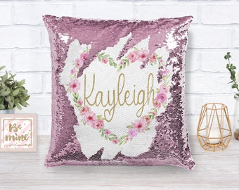 Personalized Pink Pillow Sequin Pillow Case Gift for Her Sequin Changing Heart with Name Home Decor Pillow 16x16 With Pillow Form