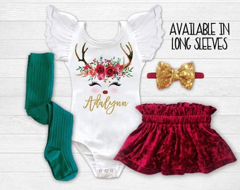 Personalized Christmas Outfit Girls Christmas Dress Baby Girl Christmas Outfit Infant Christmas Dress Toddler Reindeer Christmas Dress