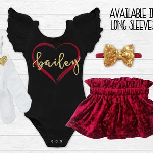 Personalized Baby Girl Valentines Day Outfit Red Velvet Skirt Love Girls Shirt Monogrammed Valentines Day Leotard Infant Valentine Toddler