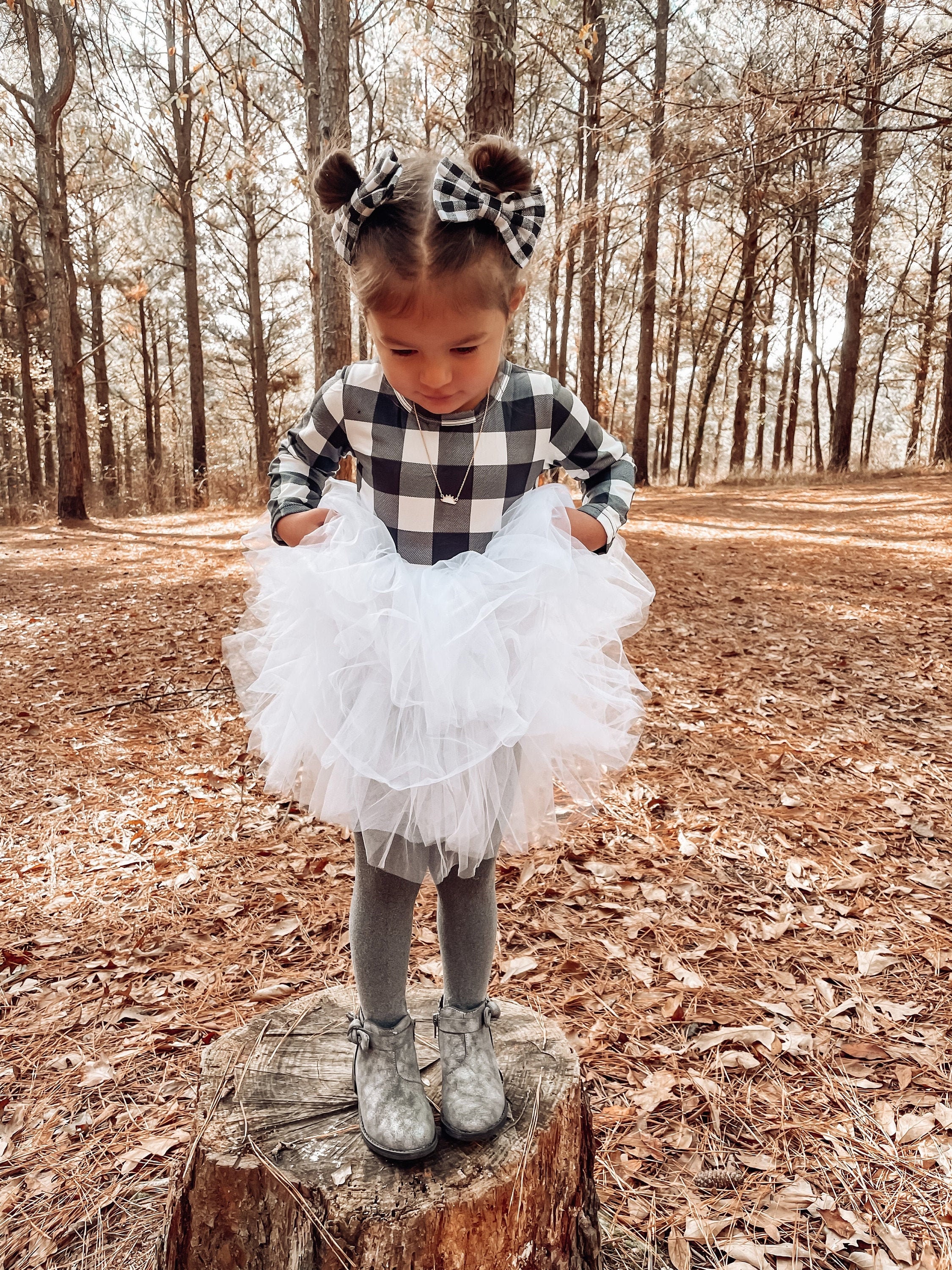 Buffalo Check Christmas Dress Black and White Buffalo Plaid Fluffy Twirl Dress Christmas Outfit Dress, Bows and Tights Sizes Newborn-10