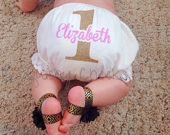 1st Birthday Bloomers, Baby Girl Bloomers, CHOOSE YOUR COLORS, Customized Diaper Cover, Adorable No-Shed Glitter Design, 1st Birthday Outfit