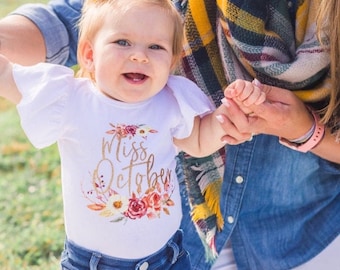 Miss October Birthday Outfit Baby Girl Fall Clothes Pumpkin Patch Outfit Fall Leotard Distressed Denim Flower Crown Knit Tights Boho Girl