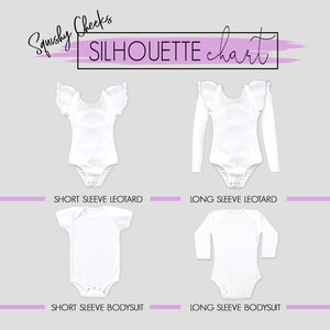 Puede incluir: Un gr&aacute;fico que muestra cuatro estilos diferentes de ropa para beb&eacute;s: leotardo de manga corta, leotardo de manga larga, body de manga corta y body de manga larga. El gr&aacute;fico est&aacute; titulado "Squishy Cheeks SILHOUETTE chart".