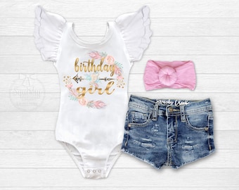 Anniversaire fille tenue 1er anniversaire 2e anniversaire Boho anniversaire justaucorps plume tenue en détresse Denim