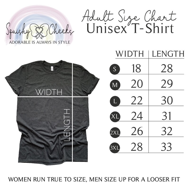 Peut inclure: Tableau des tailles de t-shirt unisexe avec des mesures en pouces pour la largeur et la longueur. Le tableau montre les tailles du S au 3XL. Le texte "Les femmes prennent leur taille habituelle, les hommes prennent une taille au-dessus pour une coupe plus ample" est en bas du tableau.