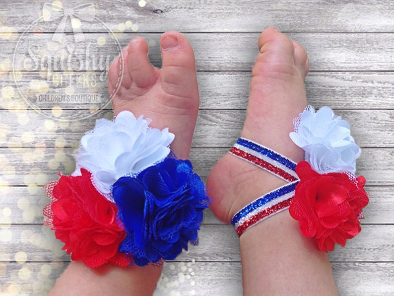 4th of July Sandals, Baby Barefoot Sandals Red White and Blue Patriotic 4th of July Piggy Petals Baby Accessories Toe Blooms, Baby Shoes 