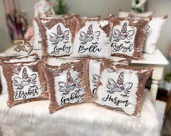 Personalized Unicorn Pillow Rose Gold Mermaid Sequin Pillow Case Gift for Her