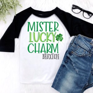 Boys St. Patricks Day Shirt Personalized Mister Lucky St. Patricks Day Outfit Distressed Denim Shamrocks Baby Boy St. Paddys Day Shirt