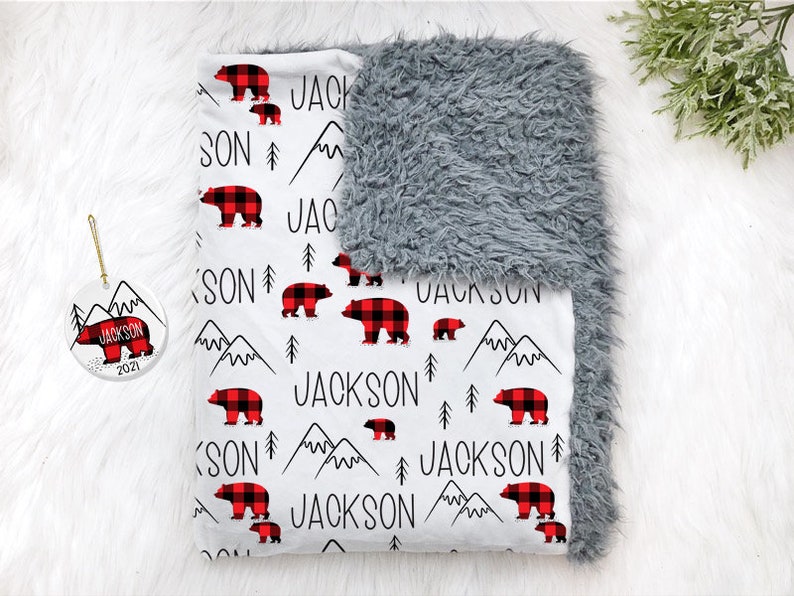 Baby Boy Blanket Sherpa Personalized Buffalo Plaid Bear Etsy