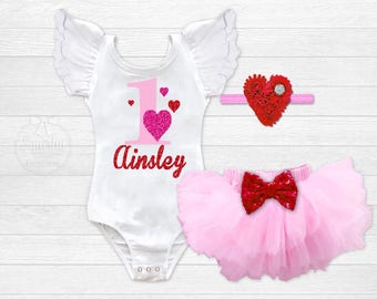 Valentines Birthday Outfit, Valentines 1st Birthday Shirt, Baby Girls First Birthday Outfit, Hearts Pink and Red Birthday Outfit, ANY AGE