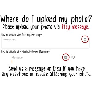 May include: Text on a white background that reads "Where do I upload my photo?" and "Please upload your photo via Etsy message."  Instructions on how to attach a photo via Etsy message using a desktop or mobile device.