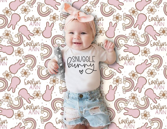 Baby Girl Personalized Easter Bunny Baby Blanket, Easter Swaddle Name Blanket