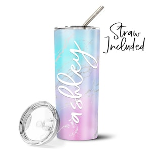 Rainbow Marble Personalized Stainless Steel Tumbler with Stainless Steel Straw Christmas Gift for Her Girls Monogrammed Gift Bridesmaid Gift