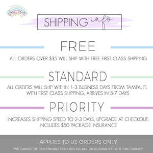 May include: A white and purple graphic with the text "SHIPPING info" in a purple box. The text "FREE" is in a large black font. The text "ALL ORDERS OVER $35 WILL SHIP WITH FREE FIRST CLASS SHIPPING" is in a smaller black font. The text "STANDARD" is in a large black font. The text "ALL ORDERS WILL SHIP WITHIN 1-3 BUSINESS DAYS FROM TAMPA, FL WITH FIRST CLASS SHIPPING, ARRIVES IN 5-7 DAYS" is in a smaller black font. The text "PRIORITY" is in a large black font. The text "INCREASES SHIPPING SPEED TO 2-3 DAYS, UPGRADE AT CHECKOUT; INCLUDES $50 PACKAGE INSURANCE" is in a smaller black font. The text "APPLIES TO US ORDERS ONLY" is in a large black font. The text "*WE CANNOT BE RESPONSIBLE FOR USPS DELAYS, OR GUARANTEE USPS TIME-FRAMES*" is in a smaller black font.