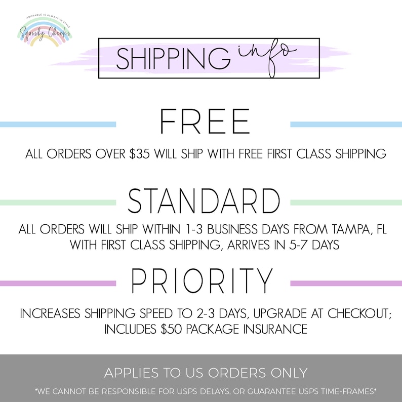 May include: A white and purple graphic with the text "SHIPPING info" in a purple box. The text "FREE" is in a large black font. The text "ALL ORDERS OVER $35 WILL SHIP WITH FREE FIRST CLASS SHIPPING" is in a smaller black font. The text "STANDARD" is in a large black font. The text "ALL ORDERS WILL SHIP WITHIN 1-3 BUSINESS DAYS FROM TAMPA, FL WITH FIRST CLASS SHIPPING, ARRIVES IN 5-7 DAYS" is in a smaller black font. The text "PRIORITY" is in a large black font. The text "INCREASES SHIPPING SPEED TO 2-3 DAYS, UPGRADE AT CHECKOUT; INCLUDES $50 PACKAGE INSURANCE" is in a smaller black font. The text "APPLIES TO US ORDERS ONLY" is in a large black font. The text "*WE CANNOT BE RESPONSIBLE FOR USPS DELAYS, OR GUARANTEE USPS TIME-FRAMES*" is in a smaller black font.