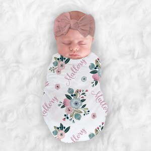 Blue and Blush Pink Floral Baby Girl Blanket Personalize Baby Swaddle Baby Shower Gift Monogram Baby Blanket Name Blanket Receiving Blanket