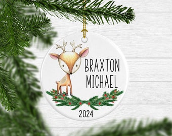 Personalized Boy's Christmas Ornament: Reindeer Keepsake with Name & Year