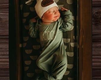 Personalized Bamboo Newborn Baby Boy Knotted Gown Coming Home Outfit