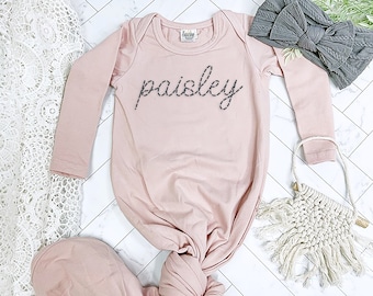 Blush Pink Baby Girl Personalized Knotted Gown Newborn Outfit Monogramed