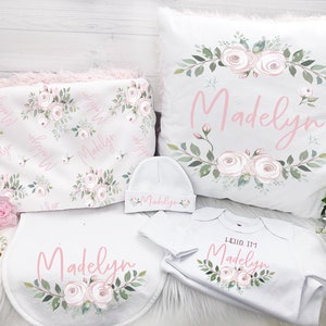 Baby Girl Gift Set Personalized Baby Shower Gift Set Pink Floral Pillow, Blanket, Gown, Burp Cloth, Hat, Bracelet and Baby Barefoot Sandals image 1