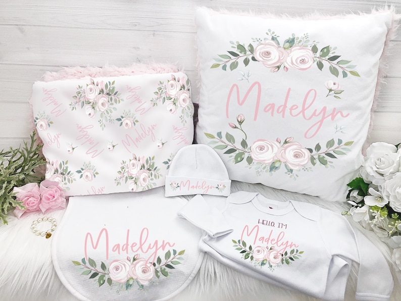Baby Girl Gift Set Personalized Baby Shower Gift Set Pink Floral Pillow, Blanket, Gown, Burp Cloth, Hat, Bracelet and Baby Barefoot Sandals image 1
