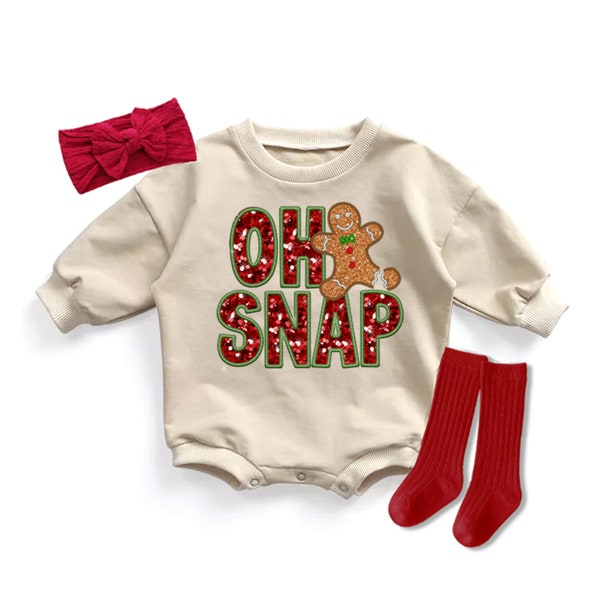 Baby Girl Christmas Romper Oh Snap Faux Glitter Bubble Romper Christmas Outfit Sweatsuit 1st Christmas