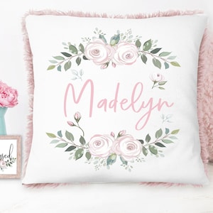 Baby Girl Gift Set Personalized Baby Shower Gift Set Pink Floral Pillow, Blanket, Gown, Burp Cloth, Hat, Bracelet and Baby Barefoot Sandals image 2