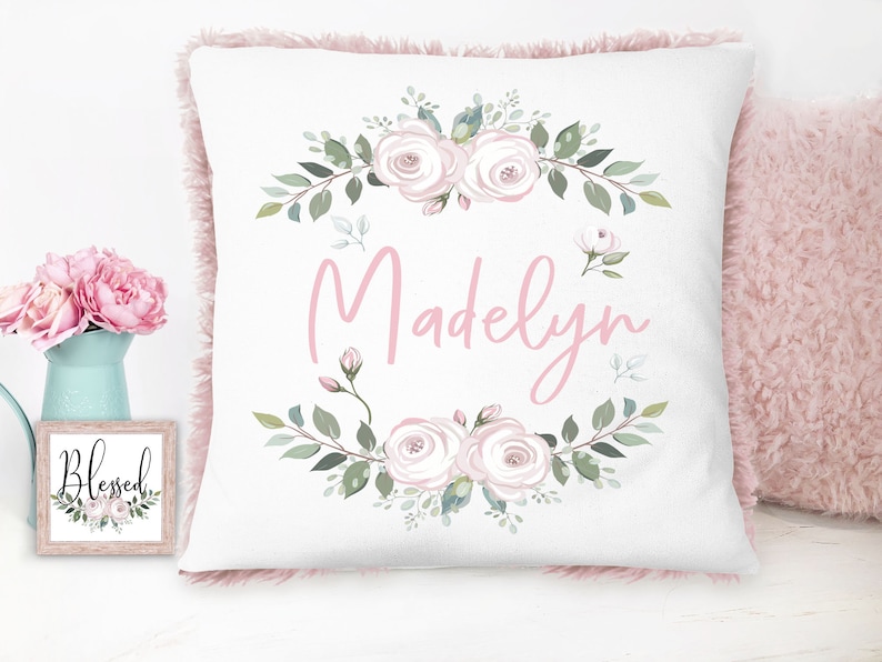 Baby Girl Gift Set Personalized Baby Shower Gift Set Pink Floral Pillow, Blanket, Gown, Burp Cloth, Hat, Bracelet and Baby Barefoot Sandals image 2