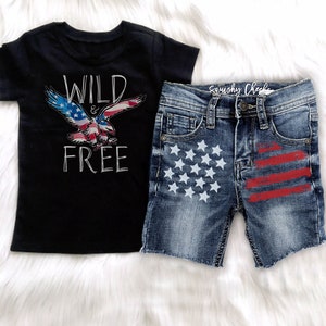 Wild and Free Boys 4th of July Shirt Toddler July 4th Baby Boys Outfit Patriotic Boy Outfit, 4th of July Boys Outfit Patriotic Denim image 1