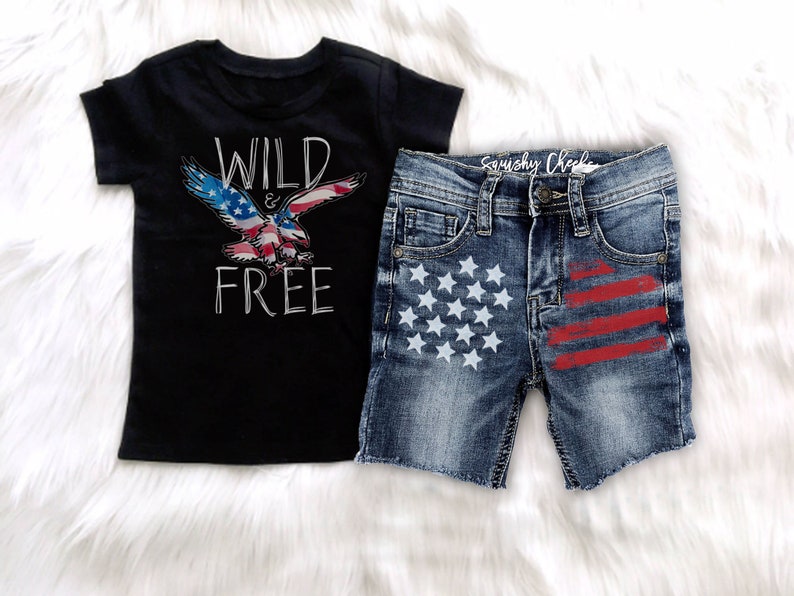 Wild and Free Boys 4th of July Shirt Toddler July 4th Baby Boys Outfit Patriotic Boy Outfit, 4th of July Boys Outfit Patriotic Denim image 1