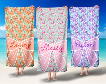 Personalized Girls Beach Towel: Floral Bow, Preppy Pool Towel