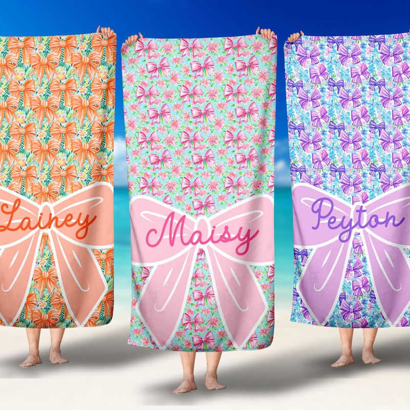 🎁Buy 2 FREE SHIPPING🎁 Girls Personalized Name Bow Floral Beach Towel, Preppy Girls Pool Towel with Name