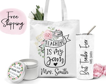 Teacher Gift Set Teacher Appreciation Gift Personalized Tote Bag Calming Scented Candled Custom Stainless Steel Tumbler Straw Included