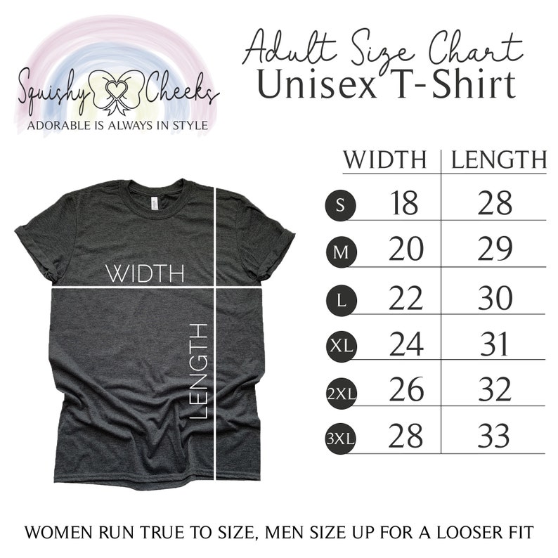 May include: Unisex t-shirt size chart with measurements in inches for width and length. The chart shows sizes from small to 3XL.