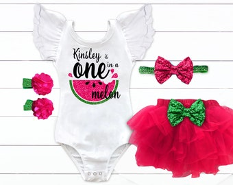 Wassermelone Geburtstags-Outfit, personalisiertes Geburtstags-Outfit, Wassermelone 1. Geburtstag, eins in einer Melone, Melone-Pink und grüner Geburtstag