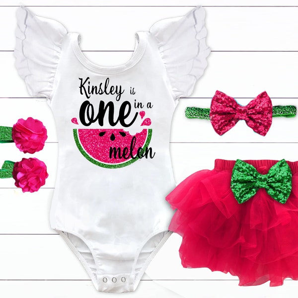 Watermelon Birthday Outfit, Personalized Birthday Outfit, Watermelon 1st Birthday, One in a Melon, Melon Hot Pink and Green Birthday