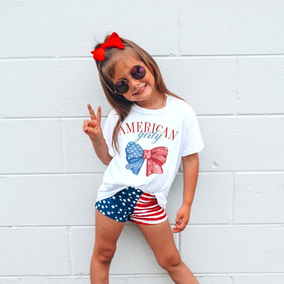 Coquette 4th of July Outfit: Kids Patriotic Shirt, Bow Headband & Shorts