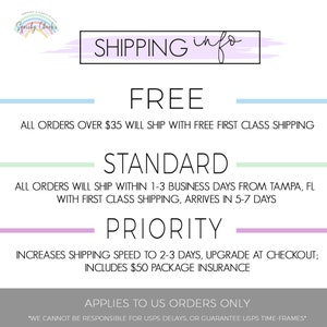 Puede incluir: Un gr&aacute;fico blanco y morado con el texto "SHIPPING info" en un cuadro morado. El texto "FREE" est&aacute; en una fuente negra grande. El texto "ALL ORDERS OVER $35 WILL SHIP WITH FREE FIRST CLASS SHIPPING" est&aacute; en una fuente negra m&aacute;s peque&ntilde;a. El texto "STANDARD" est&aacute; en una fuente negra grande. El texto "ALL ORDERS WILL SHIP WITHIN 1-3 BUSINESS DAYS FROM TAMPA, FL WITH FIRST CLASS SHIPPING, ARRIVES IN 5-7 DAYS" est&aacute; en una fuente negra m&aacute;s peque&ntilde;a. El texto "PRIORITY" est&aacute; en una fuente negra grande. El texto "INCREASES SHIPPING SPEED TO 2-3 DAYS, UPGRADE AT CHECKOUT; INCLUDES $50 PACKAGE INSURANCE" est&aacute; en una fuente negra m&aacute;s peque&ntilde;a. El texto "APPLIES TO US ORDERS ONLY" est&aacute; en una fuente negra grande. El texto "*WE CANNOT BE RESPONSIBLE FOR USPS DELAYS, OR GUARANTEE USPS TIME-FRAMES*" est&aacute; en una fuente negra m&aacute;s peque&ntilde;a.