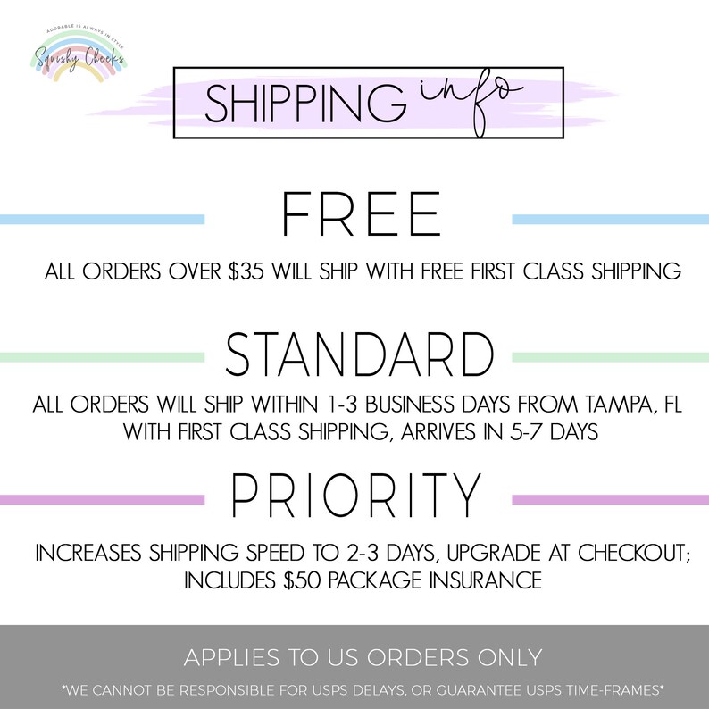 Puede incluir: Un gr&aacute;fico blanco y morado con el texto "SHIPPING info" en un cuadro morado. El texto "FREE" est&aacute; en una fuente negra grande. El texto "ALL ORDERS OVER $35 WILL SHIP WITH FREE FIRST CLASS SHIPPING" est&aacute; en una fuente negra m&aacute;s peque&ntilde;a. El texto "STANDARD" est&aacute; en una fuente negra grande. El texto "ALL ORDERS WILL SHIP WITHIN 1-3 BUSINESS DAYS FROM TAMPA, FL WITH FIRST CLASS SHIPPING, ARRIVES IN 5-7 DAYS" est&aacute; en una fuente negra m&aacute;s peque&ntilde;a. El texto "PRIORITY" est&aacute; en una fuente negra grande. El texto "INCREASES SHIPPING SPEED TO 2-3 DAYS, UPGRADE AT CHECKOUT; INCLUDES $50 PACKAGE INSURANCE" est&aacute; en una fuente negra m&aacute;s peque&ntilde;a. El texto "APPLIES TO US ORDERS ONLY" est&aacute; en una fuente negra grande. El texto "*WE CANNOT BE RESPONSIBLE FOR USPS DELAYS, OR GUARANTEE USPS TIME-FRAMES*" est&aacute; en una fuente negra m&aacute;s peque&ntilde;a.