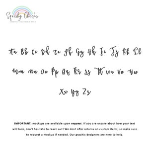 May include: A white background with a rainbow graphic and the text "Squishy Cheeks" in black. Below the graphic is the text "ADORABLE IS ALWAYS IN STYLE". The image also includes a handwritten alphabet in lowercase letters.