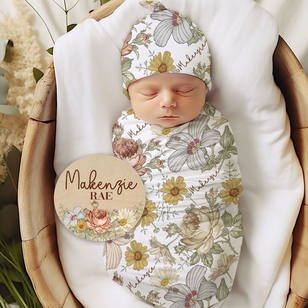 Baby Girl Wildflower Swaddle, Personalized Vintage Floral Baby Blanket with Name Sign